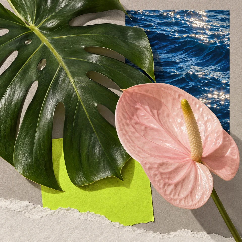 Creative illustration of a collage combining green leaves, flowers, water, and colored paper