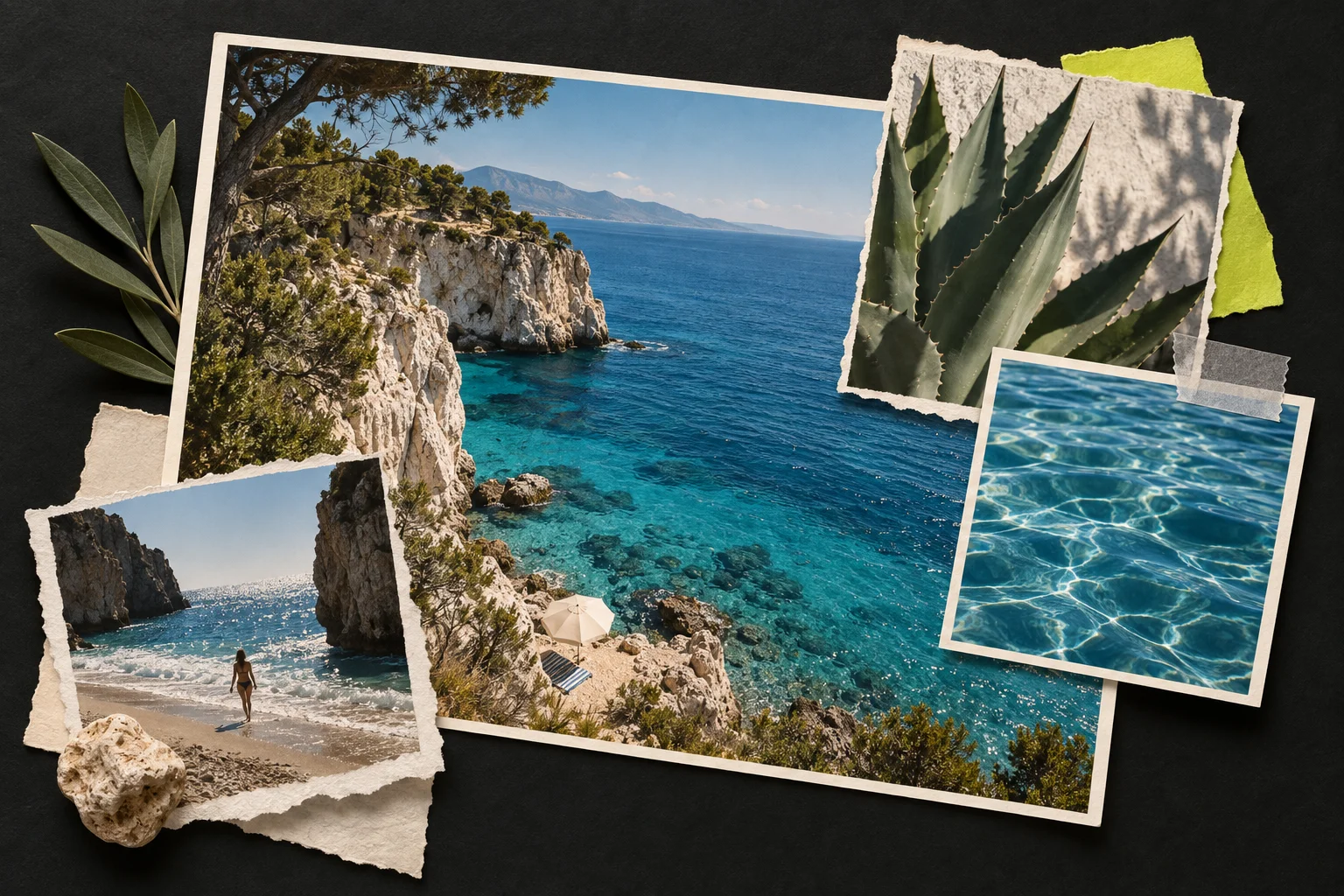 A paper collage made of coastal photos, water ripples, and plants